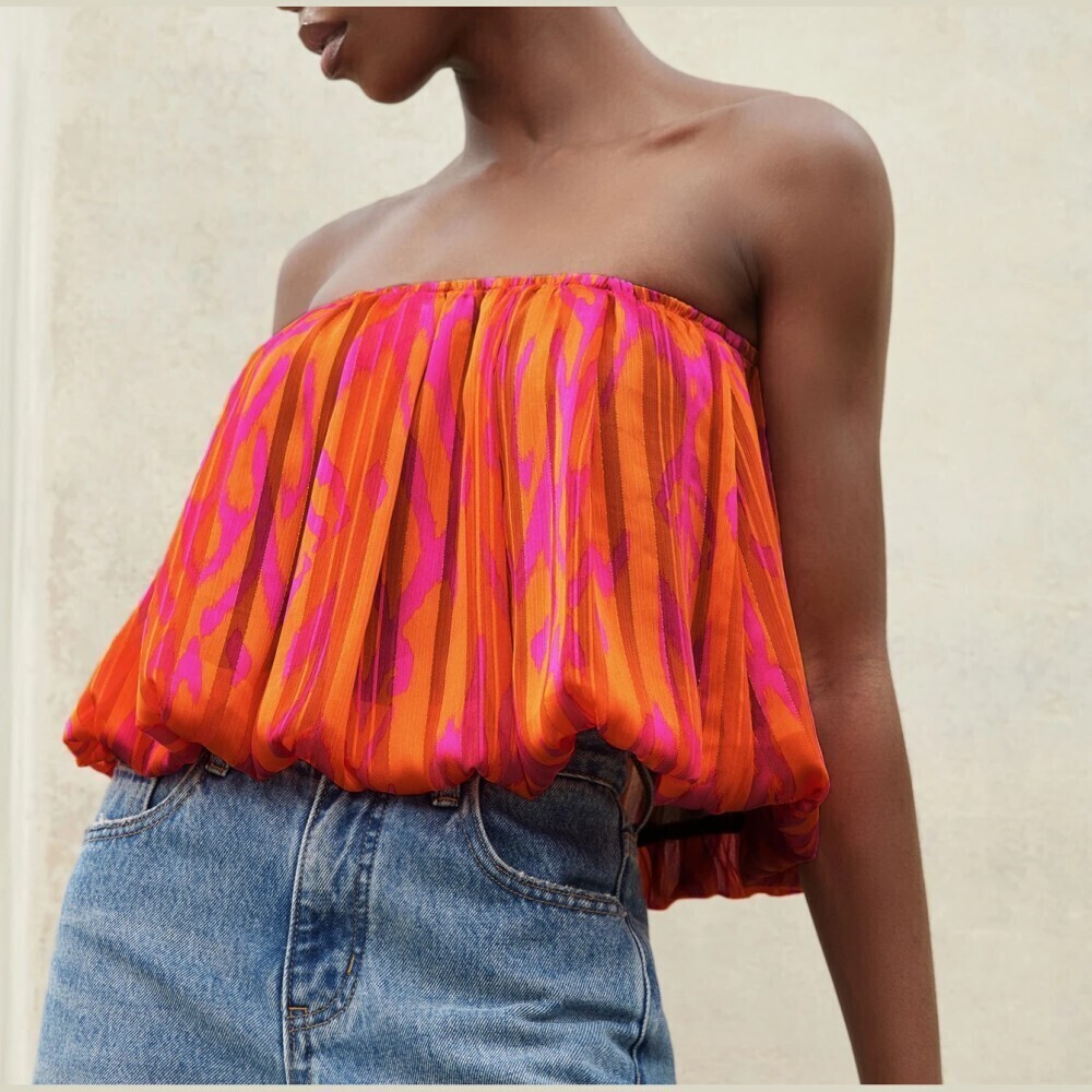 Orange and Pink Abstract Print Strapless Bubble Hem Crop Top